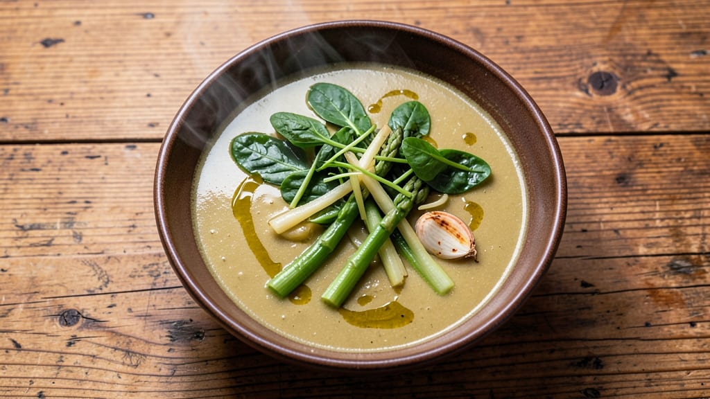 Amelie's Spinach Asparagus Leek Soup Recipe: Herbal Freshness With Crispy Garlic Topping