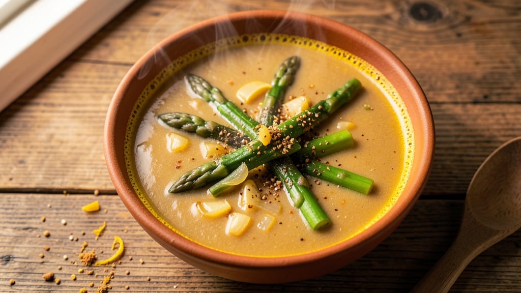 Asparagus Soup Recipe Indian Style: Warm Turmeric-Ginger Velout with Toasted Cumin Crunch