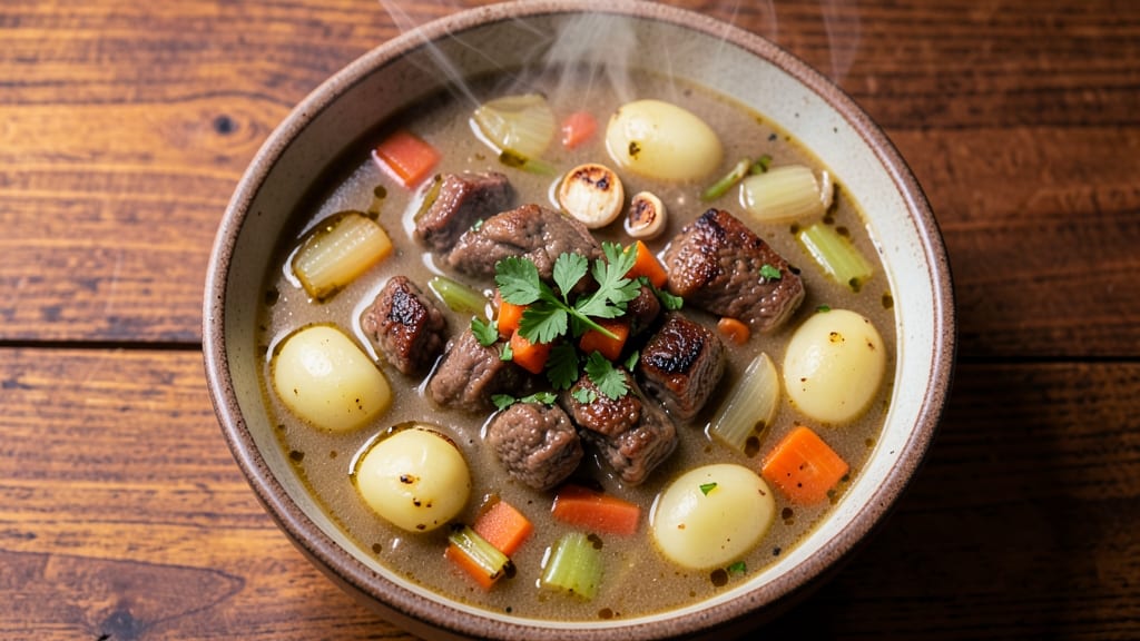 Beefy Potato Soup Recipe: Hearty Meat-and-Potato Stew With Crispy Bacon Topping