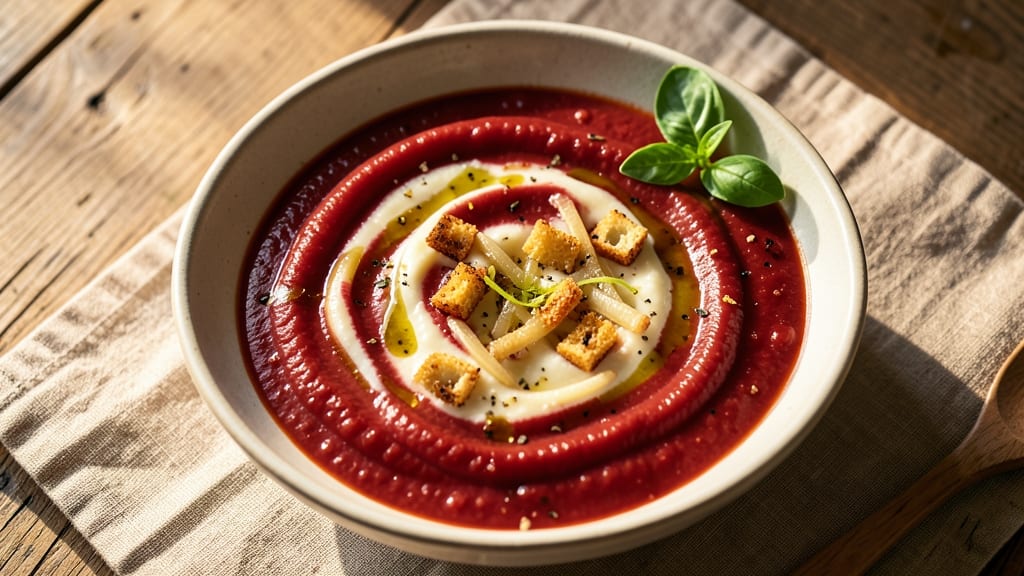 Amy's Tomato Bisque Soup Recipe: Velvety Cream Cheese Swirl With Celery Crown Topping