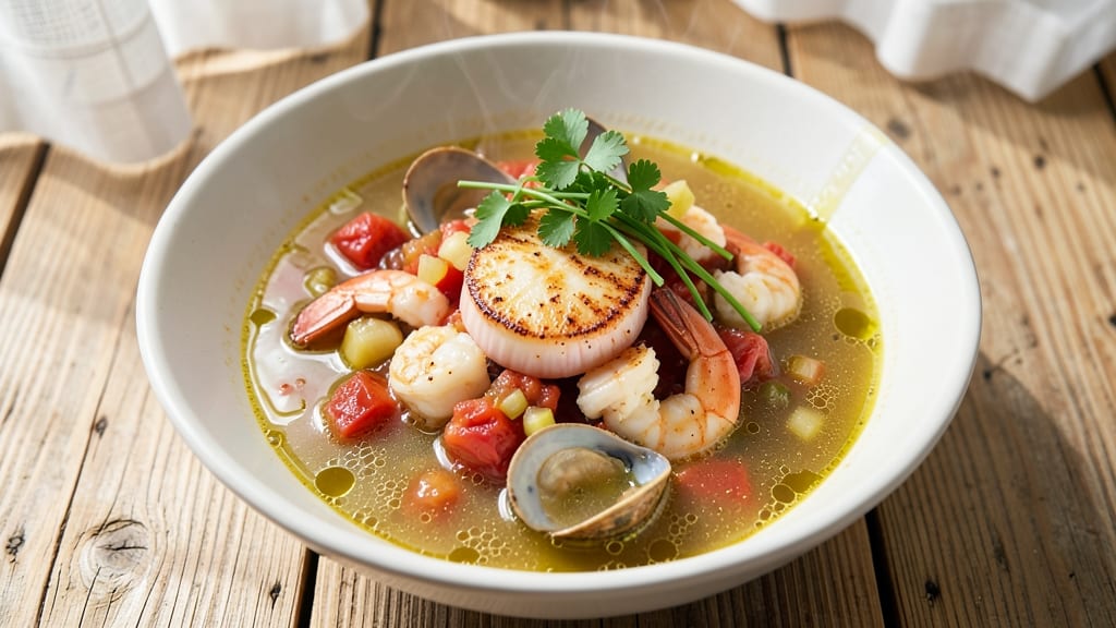Best Seafood Soup Recipe Ever: Creamy Tomato-Basil Velout With Crispy Celery Crown