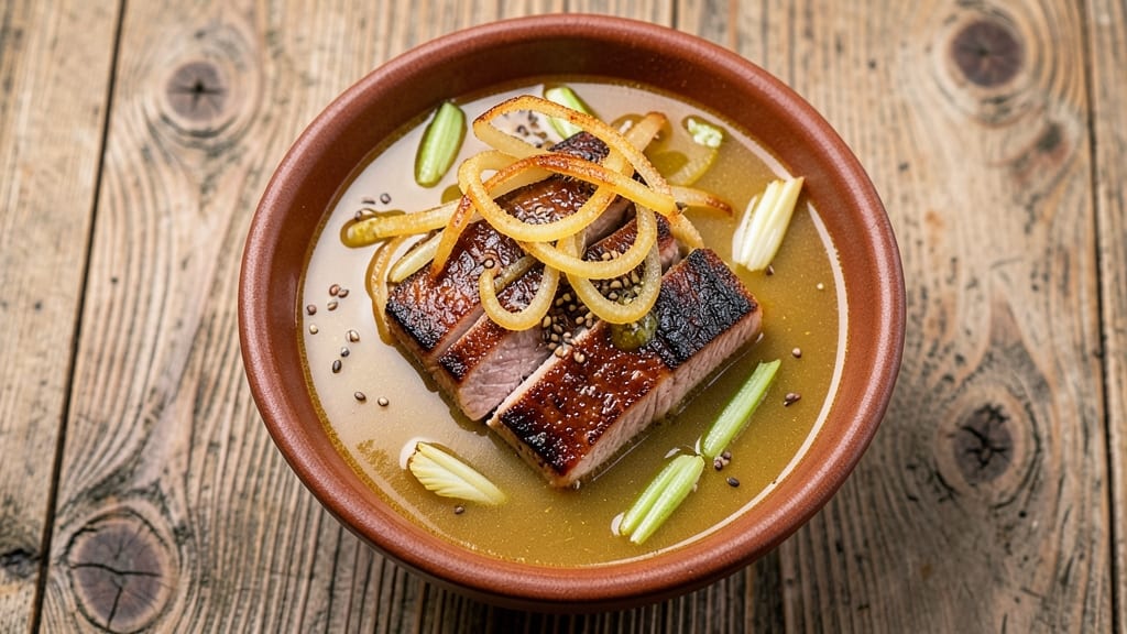 Aguadito Soup Recipe: Crispy Celery Crown Topping on Creamy Tomato Base