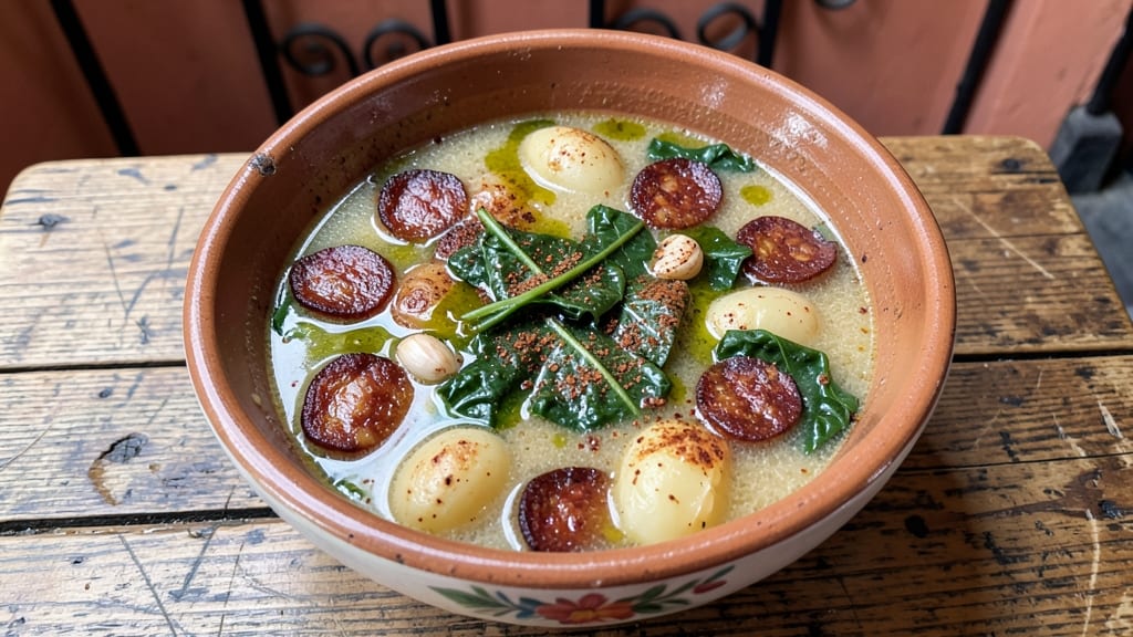 Authentic Portuguese Soup Recipe: Coriander-Crusted Bread Topping and Smoky Garlic Broth