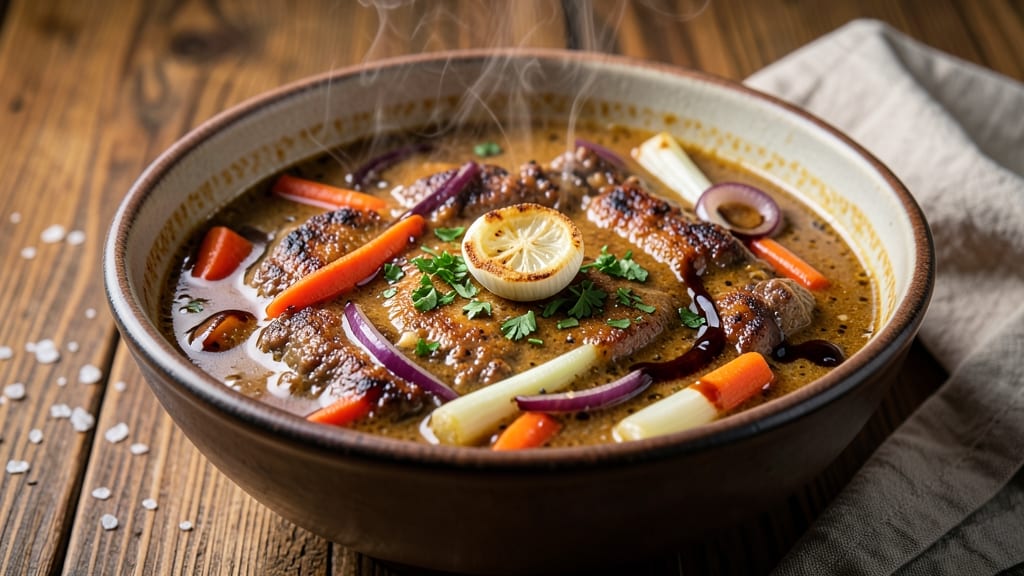 Award Winning Hamburger Soup Recipe: Crunchy Celery Crowns Over Smoky Beef Velout