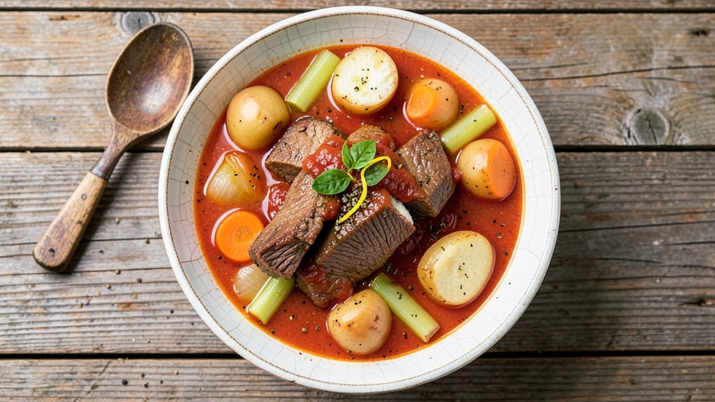Beef Vegetable Soup Recipe with Tomato Sauce: Hearty Tomato-Braised Beef and Garden Veggie Medley