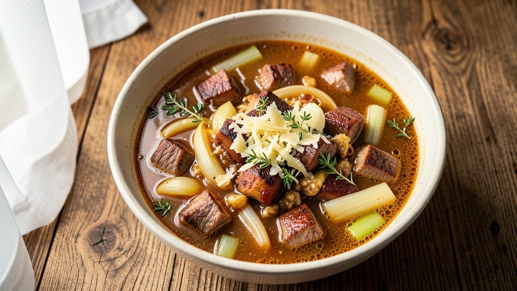 Beefy Onion Soup Recipe: Deep Meatiness With Caramelized Celery Crowns