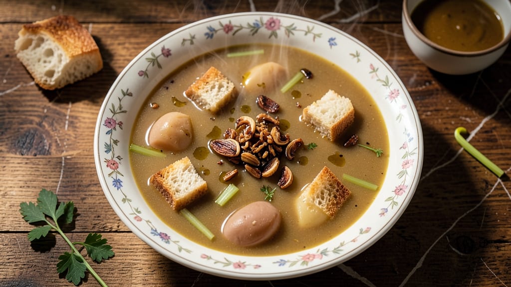 Bayona Garlic Soup Recipe: Toasted Garlic and Celery Crown Crunch