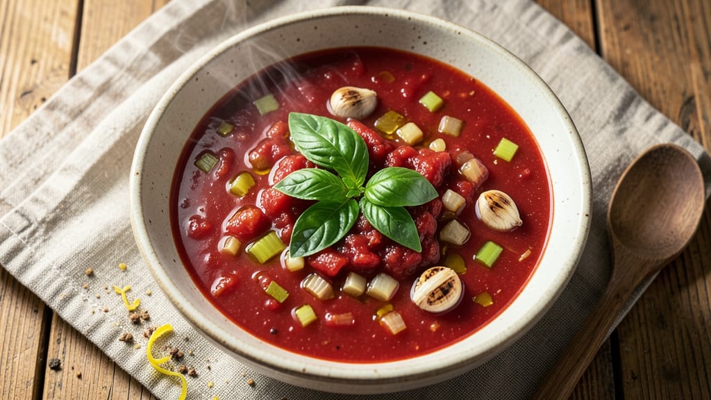 Best Ever Tomato Basil Soup Recipe: Bright Herb-Infused Velout With Celery Crown Topping