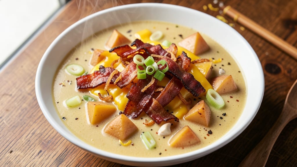 Bennigan's Loaded Potato Soup Recipe: Bacon-Cheese Velout With Crispy Celery Crowns
