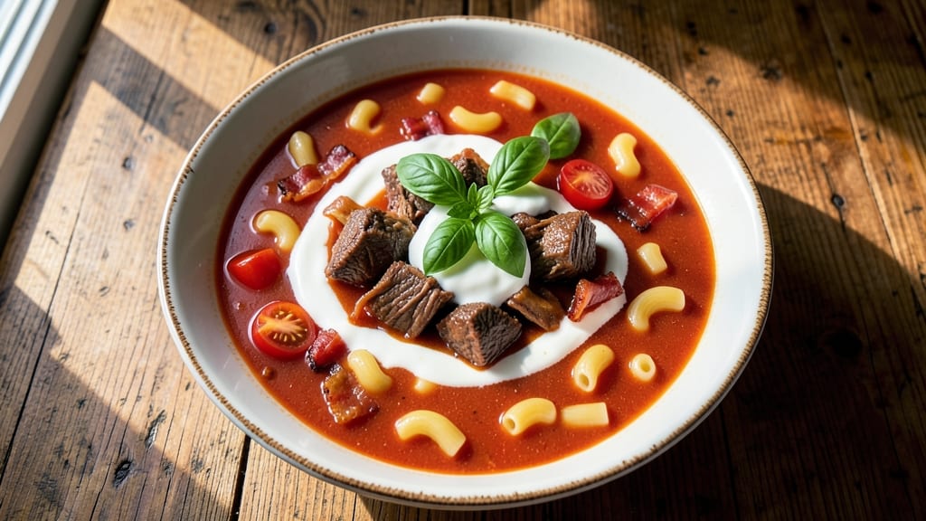 Beef and Tomato Macaroni Soup Recipe: Hearty One-Pot with Crispy Bacon Bits